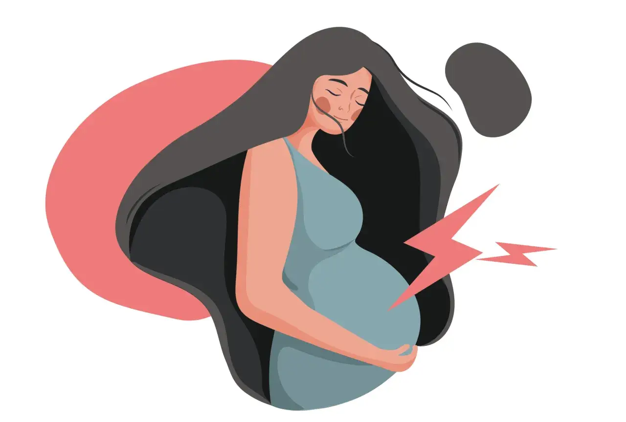 Gravid kvinna med slutna &ouml;gon, h&aring;ller magen. Sm&auml;rtblixtar indikerar analkramp under graviditet.