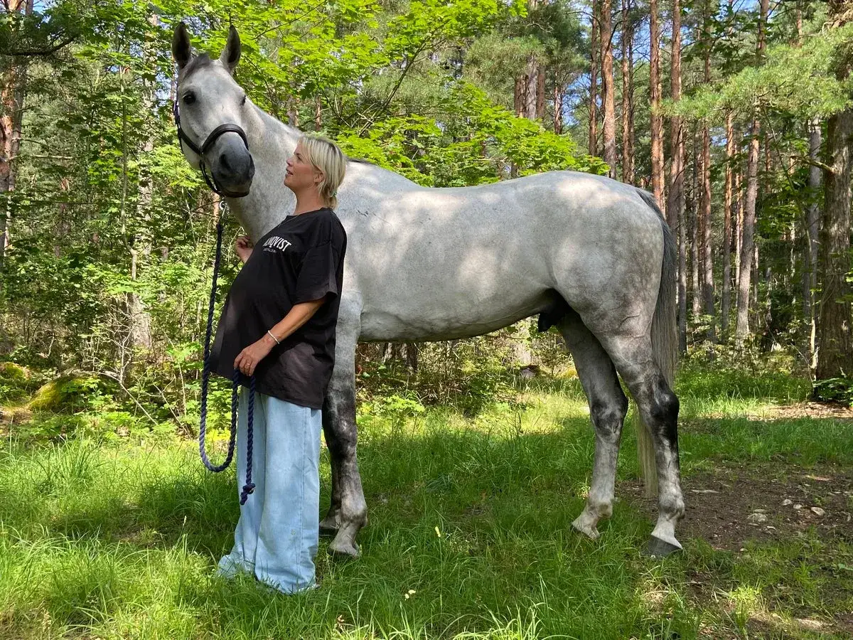 Gravid kvinna st&aring;r bredvid en vit h&auml;st i skogen. Hon h&aring;ller i h&auml;stens grimma, redo att rida.