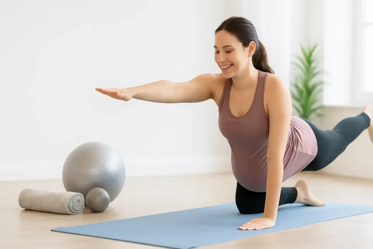 Gravid kvinna utf&ouml;r yoga&ouml;vning p&aring; matta, en del av symfysit behandling. Bollar och handduk ligger bredvid.