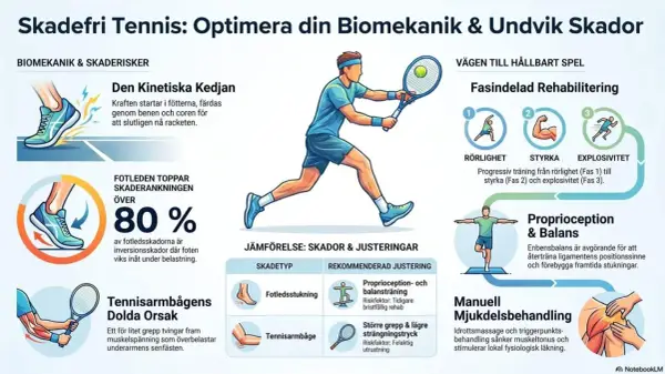 Illustration visar tennisspelare, skadeförebyggande tips och rehabilitering. Tennisarmbåge kan leda till sjukskrivning, men rätt grepp och utrustning hjälper.